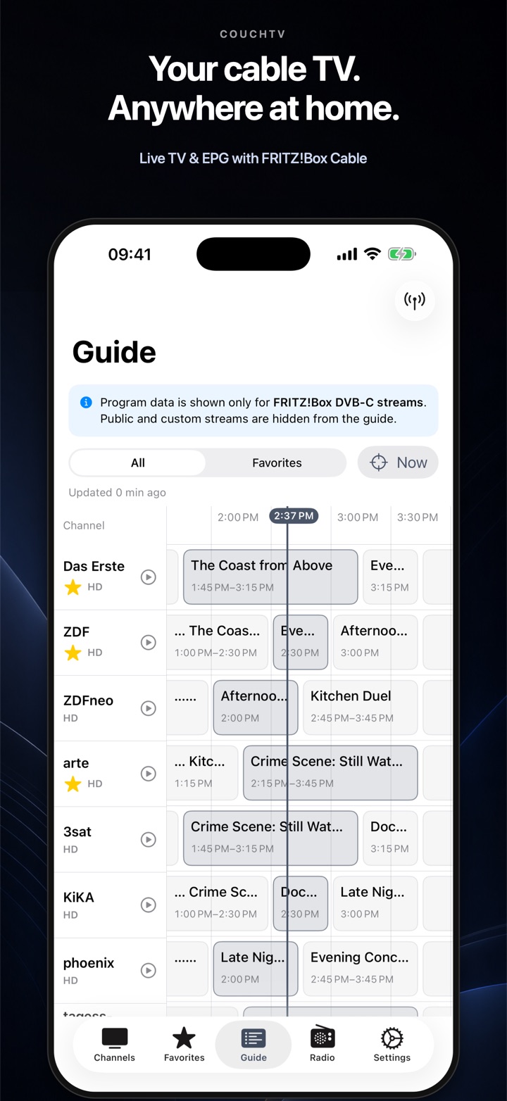 CouchTV programme guide with channels and timeline