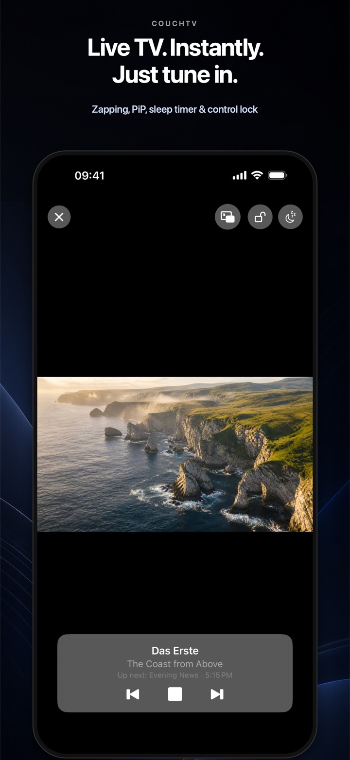 CouchTV live player with Picture in Picture, sleep timer and channel switching