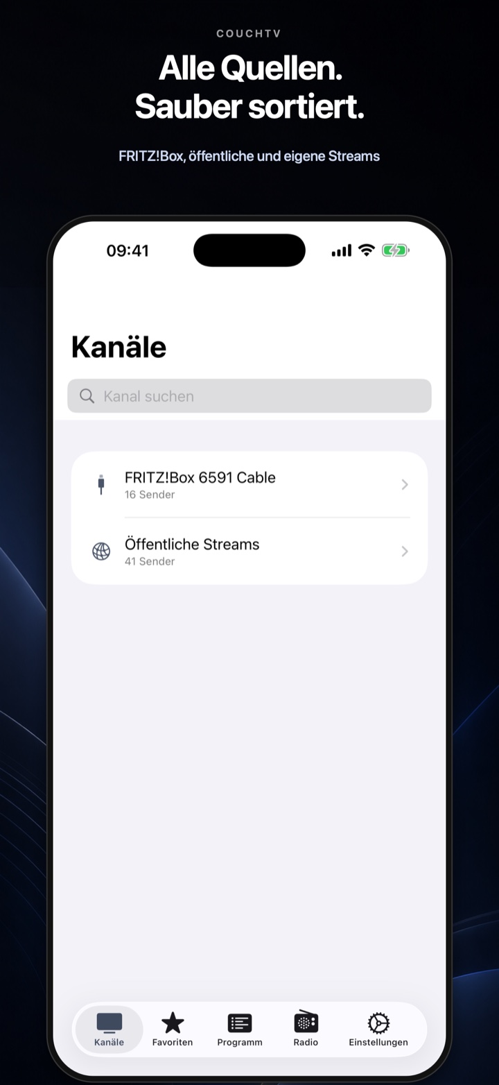 Übersicht der FRITZ!Box-, öffentlichen und eigenen Streams