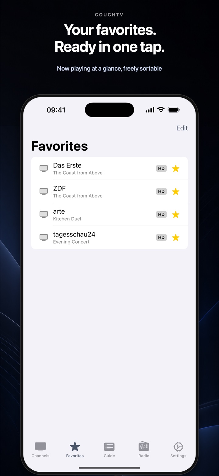 Favourites with current programme and custom sorting