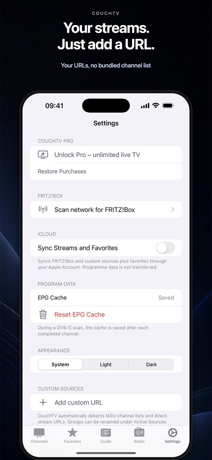 CouchTV settings for adding custom URLs with no bundled channel list