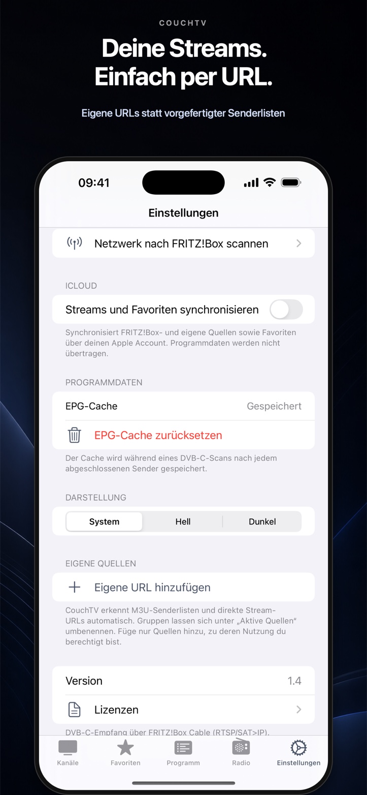 CouchTV Einstellungen zum Hinzufügen eigener URLs ohne vorgefertigte Senderliste