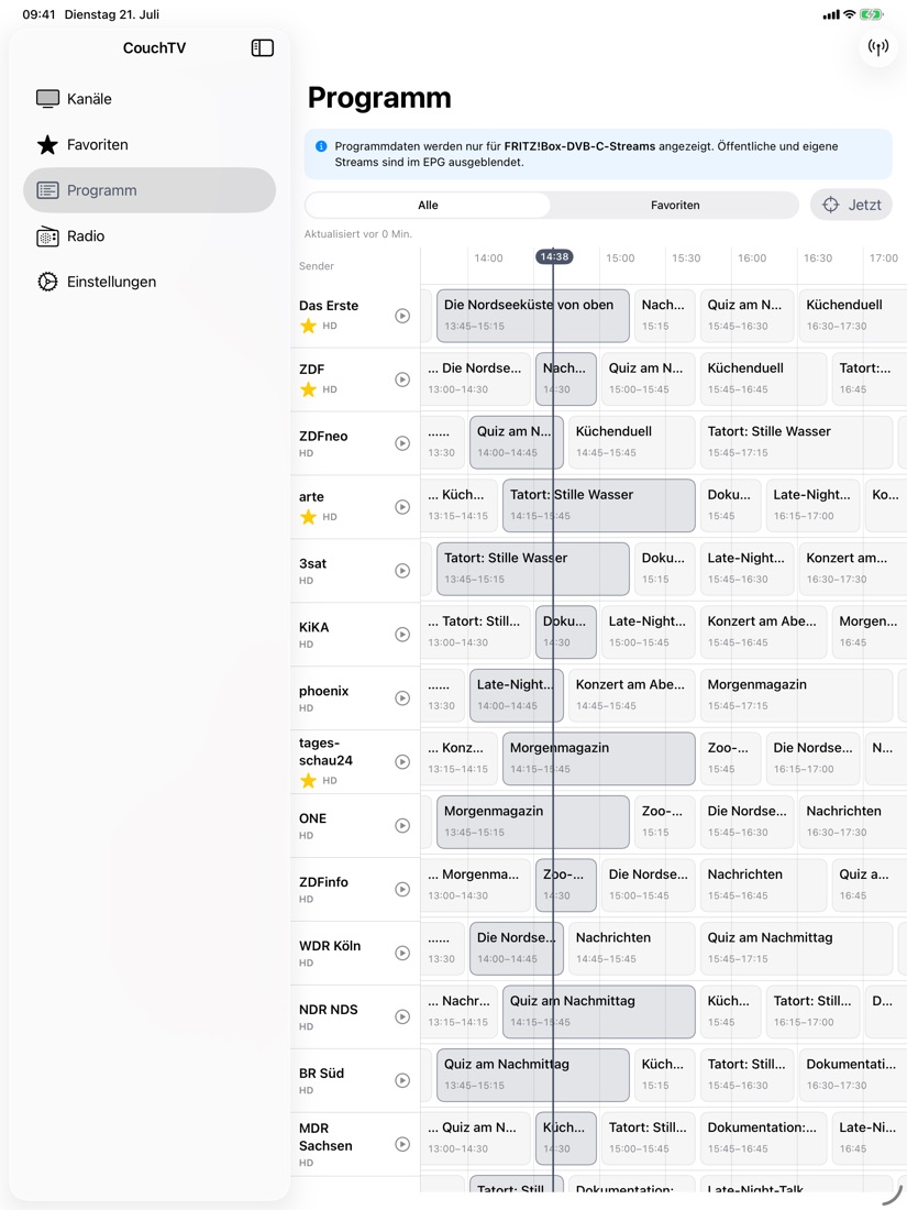CouchTV Programmübersicht auf dem iPad