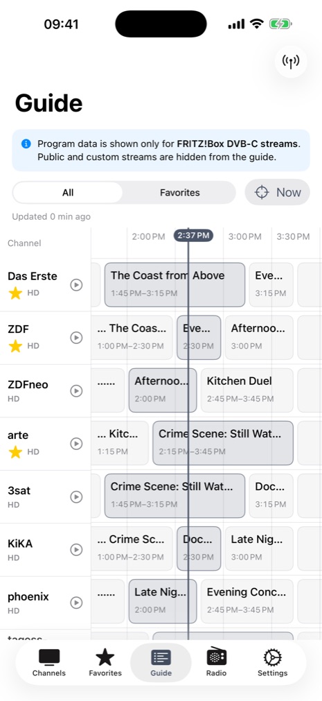CouchTV programme guide on iPhone