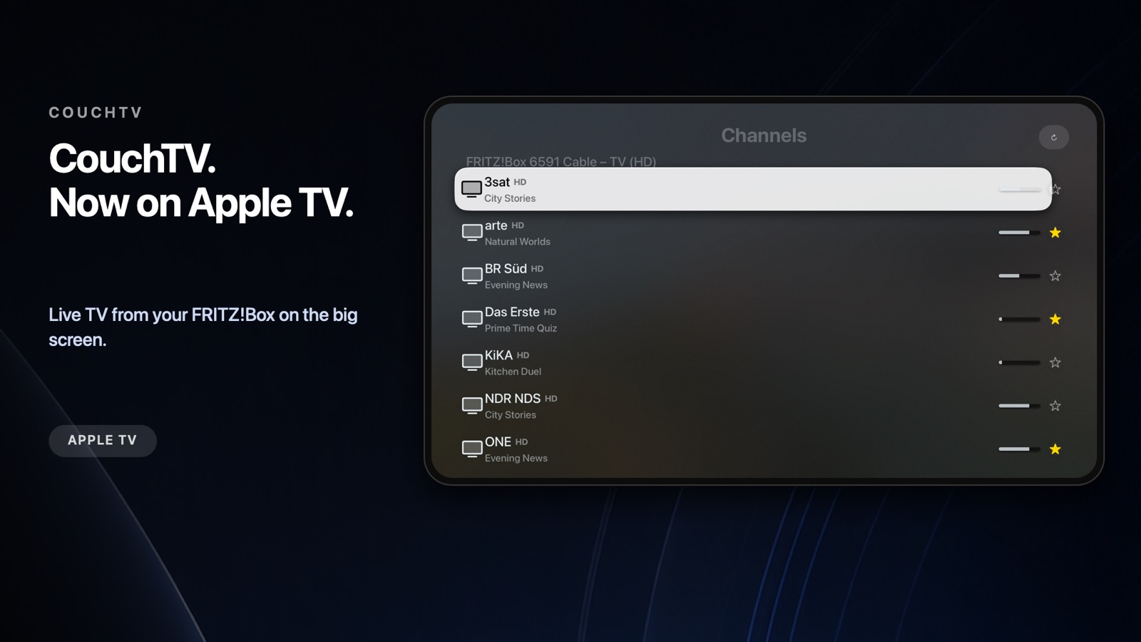 CouchTV channel list on Apple TV