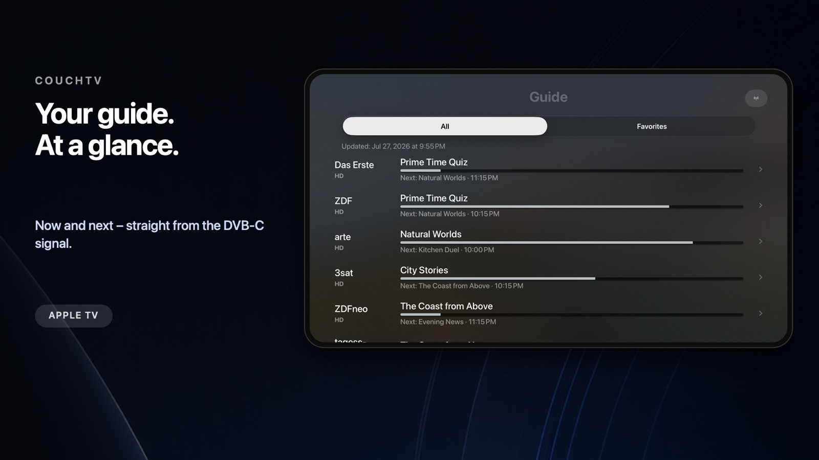 CouchTV programme guide on Apple TV