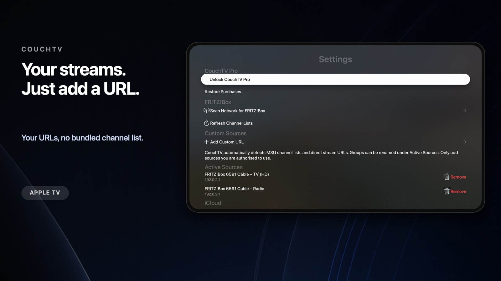 CouchTV settings on Apple TV with an action for adding a custom URL
