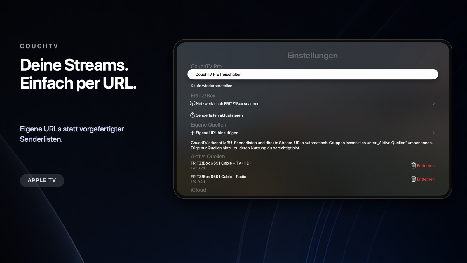 CouchTV Einstellungen auf Apple TV mit Aktion zum Hinzufügen einer eigenen URL